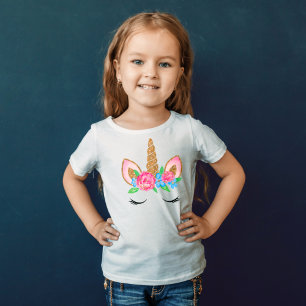 Joli T-Shirt Floral Licorne Paillettes Dorées