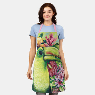 Joli tablier toucan floral drôle vert rose