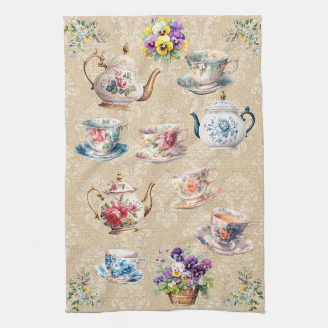 Joli Teacup Teapot Serviette Damas Floral Pansies (Vertical)
