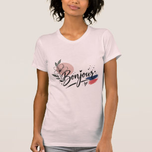 Joli TShirt Femme Typographie Florale Bonjour