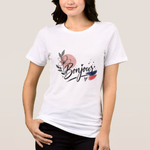 Joli TShirt Femme Typographie Florale Bonjour