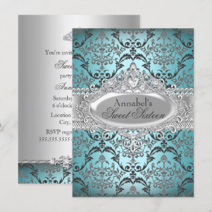 Joli Turquoise & Argent Damask Sweet 16 Invitation