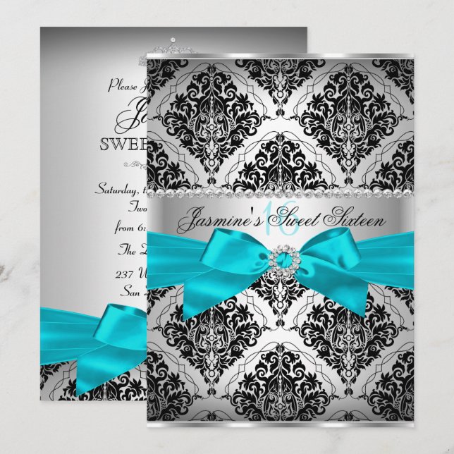 Joli Turquoise & noir Damask Sweet 16 Invitation (Devant / Derrière)