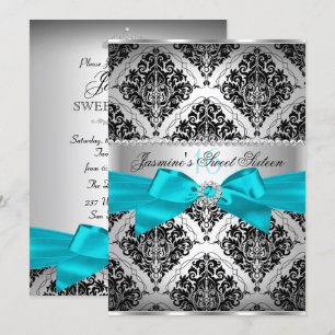 Joli Turquoise & noir Damask Sweet 16 Invitation