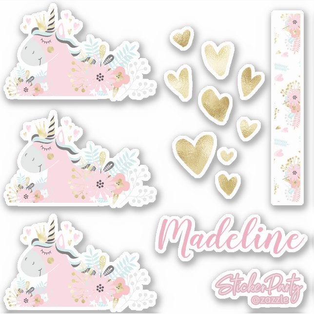 Joli Unicorn Coeur Floral Sticker personnalisé (Devant)
