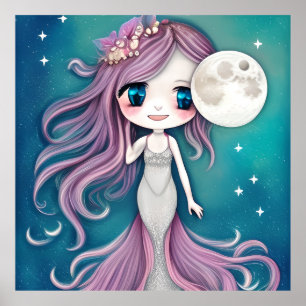Joli visage Mermaid turquoise lune Poster