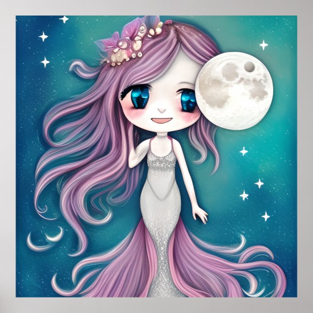 Joli visage Mermaid turquoise lune Poster (Devant)