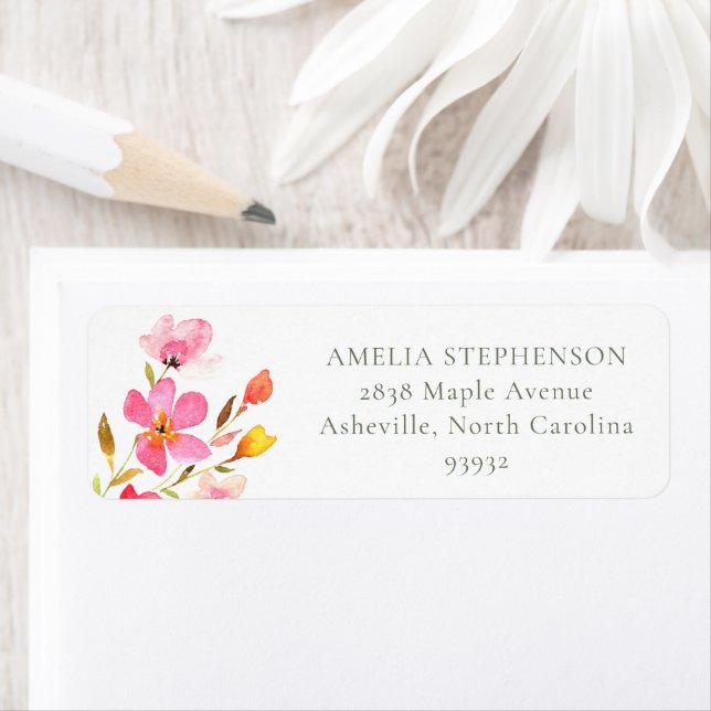 Jolie adresse de retour florale aquarelle rose (En situation)