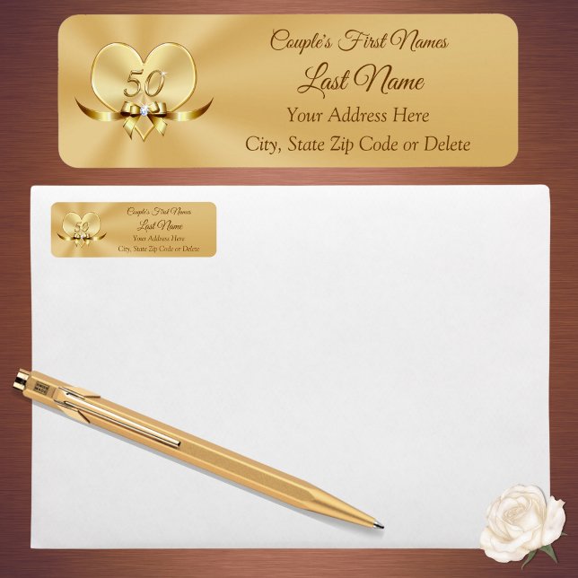 Jolie adresse Gold personnalisée Étiquettes de ret (Gold, 50th Return address labels. Golden wedding anniversary party supplies. 50 year anniversary.)