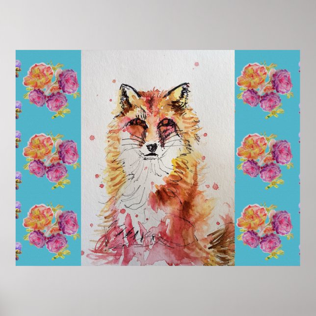 Jolie affiche de renard rouge animal rose sarcelle (Devant)