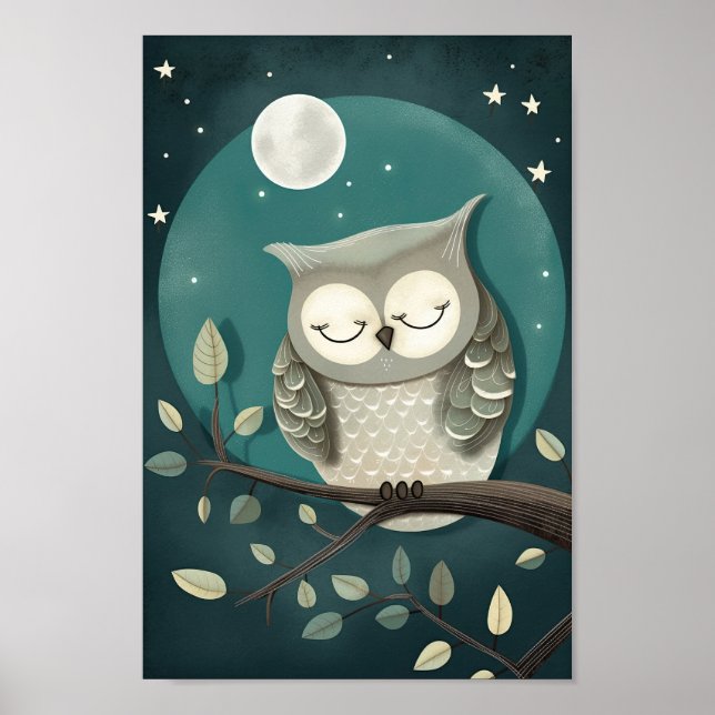 Jolie affiche d'un hibou dormant sous la Lune et l (Devant)