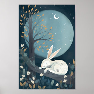 Jolie affiche d'un lapin dormant sous la Lune
