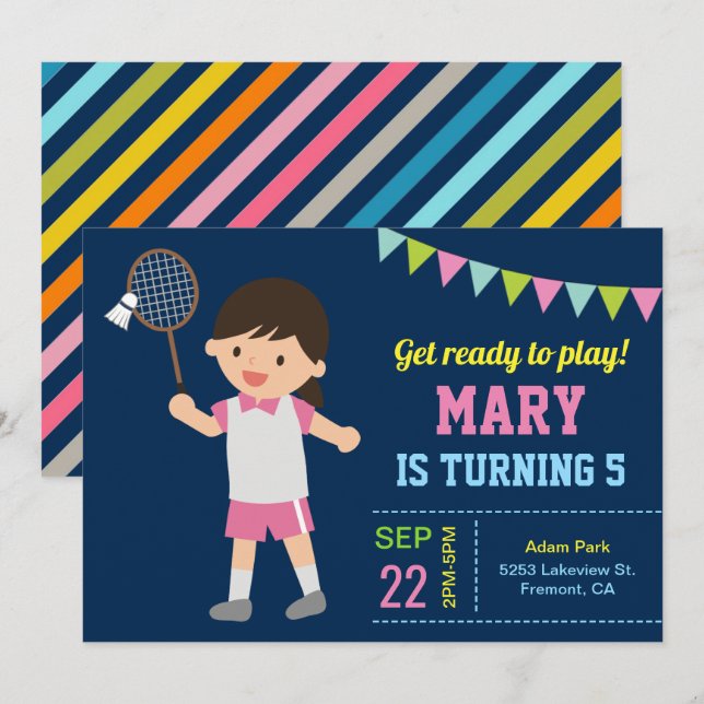 Jolie Badminton Girl Anniversaire Fête Invitation (Devant / Derrière)