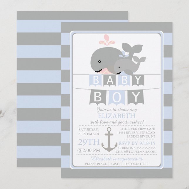 Jolie baleine Boy Baby shower Invitation (Devant / Derrière)