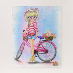 Jolie Blonde Girl et Pink Bike Puzzle