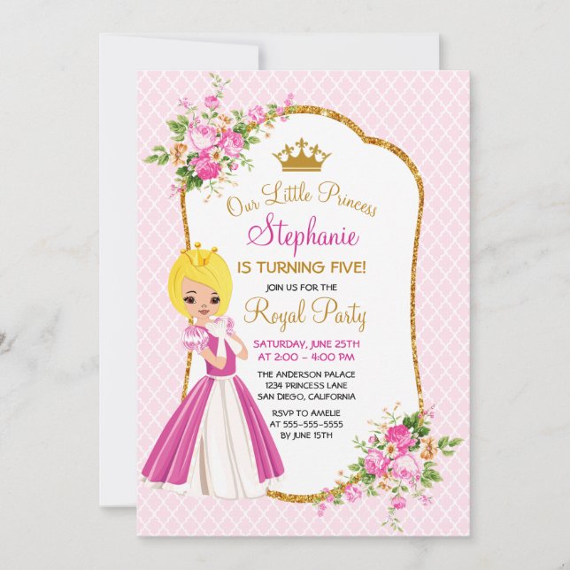 Jolie Blonde Princess Invitation à la fête d'anniv (Devant)