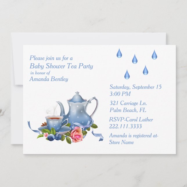 Jolie Blue Baby shower Tea Party Invitation (Devant)