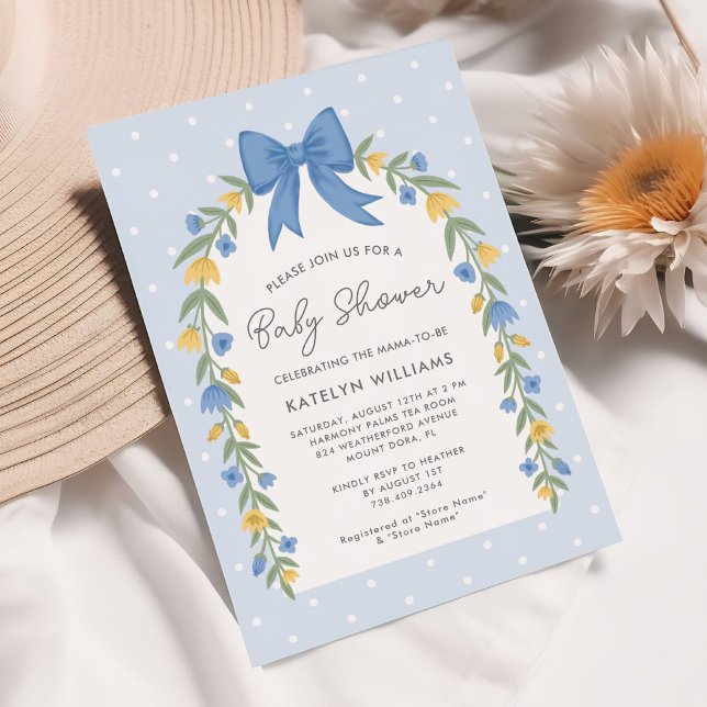 Jolie Bow Floral Baby shower Blue Invitation (Créateur téléchargé)