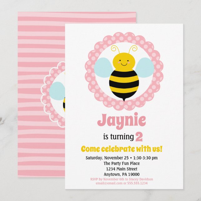 Jolie Bumble Bee Girls Invitation Anniversaire (Devant / Derrière)