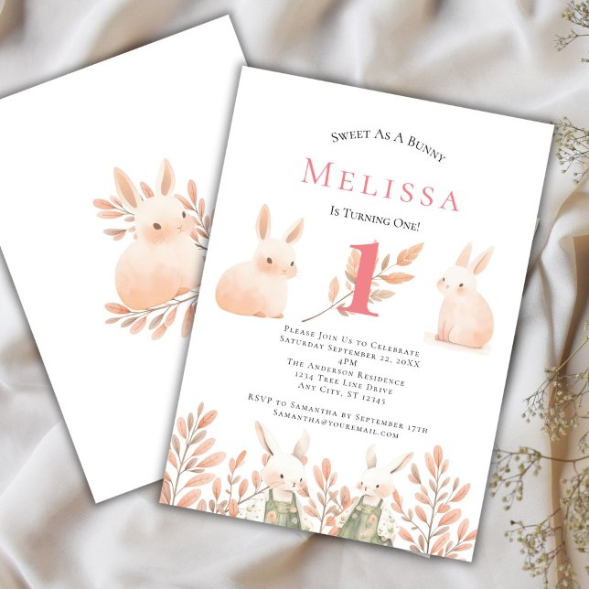 Jolie Bunny Girls 1er Invitation anniversaire (Girls 1st Birthday Bunny Invitation)
