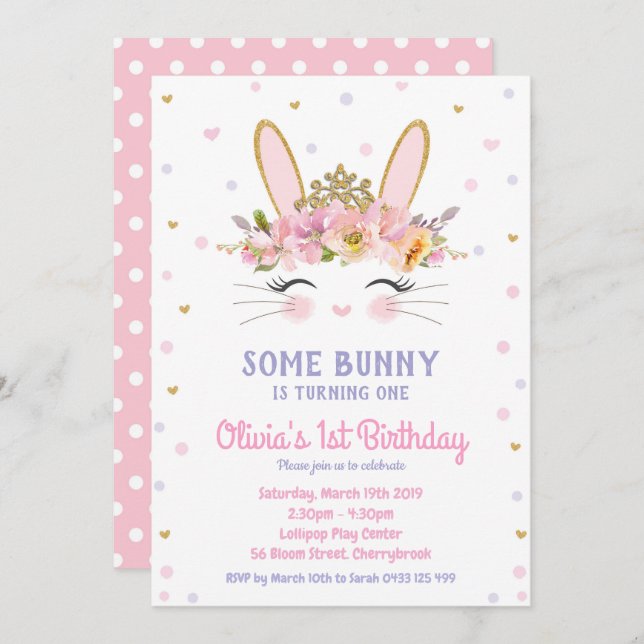Jolie Bunny Invitations Anniversaire Filles Lapin (Devant / Derrière)