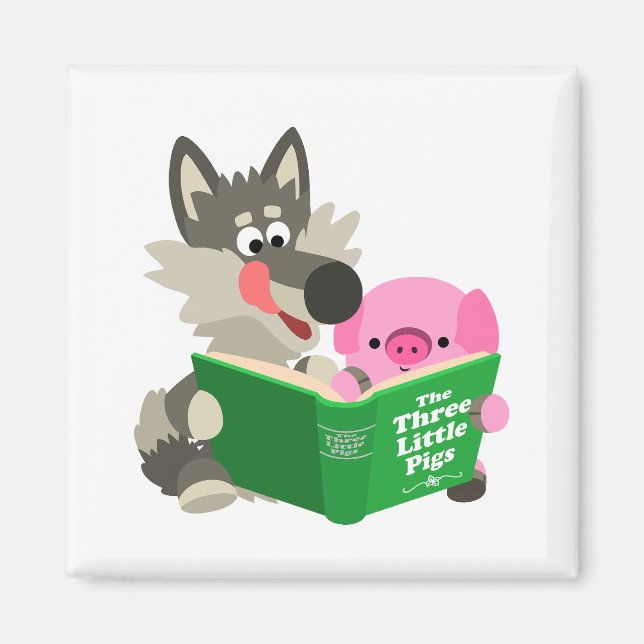 Jolie caricature Cochon et loup Lire un aimant de  (Devant)