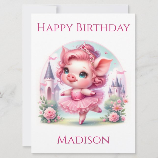 Jolie carte d'anniversaire de porc rose Ballerina (Devant)