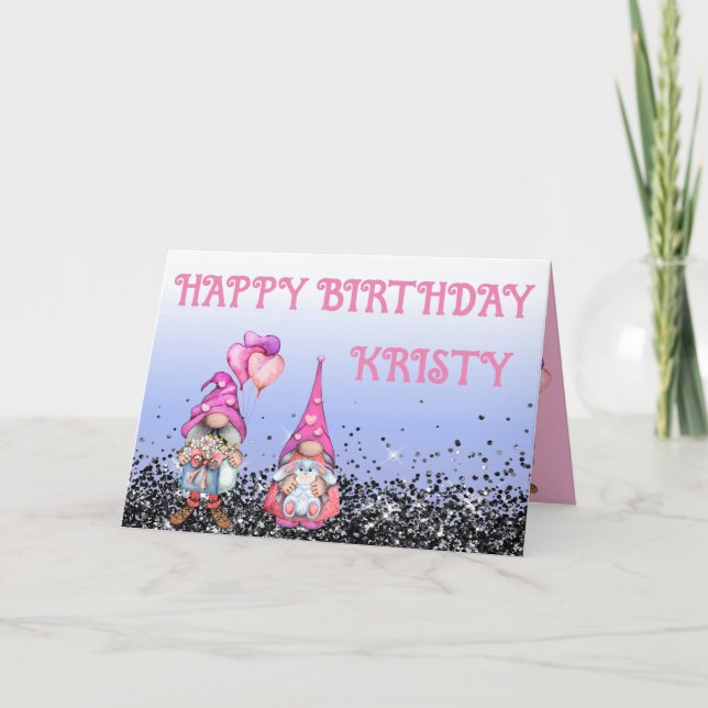 Jolie carte d'anniversaire Gnome rose (Devant)