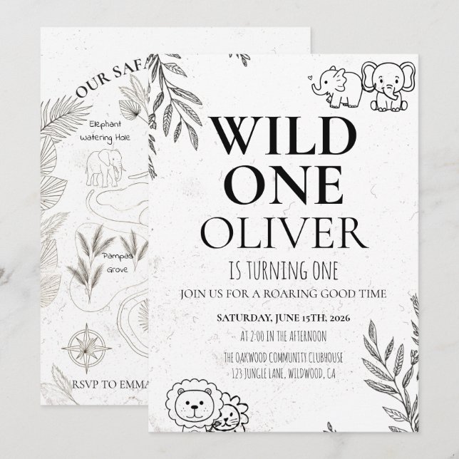 Jolie carte de fête Safari Wild One pour un 1er an (Devant / Derrière)