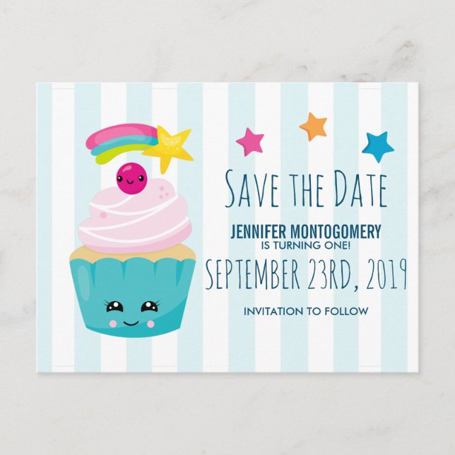 Jolie Carte de Naissance Cupcake Bleu Enregistrer  (Devant)