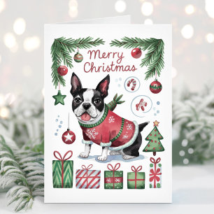 Jolie carte de Noël à l'aquarelle pour Boston Terr