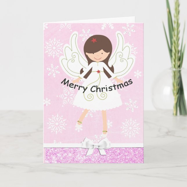 Jolie carte de Noël Angel rose et flocons de neige (Devant)