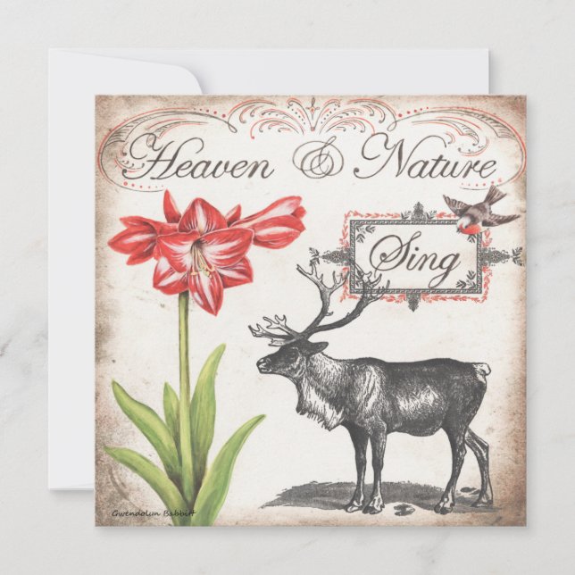Jolie carte de Noël avec rennes, amaryllis et oise (Devant)