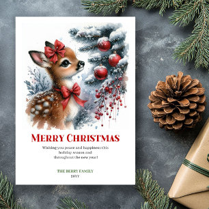 Jolie carte de Noël bébé cerf forêt enneigée aquar