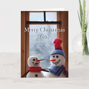 Jolie carte de Noël papa et fils de neige Joyeux