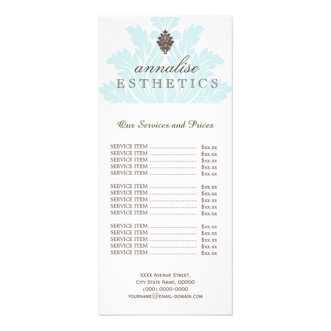 Jolie carte de prix du tarif Damas bleu (Devant)