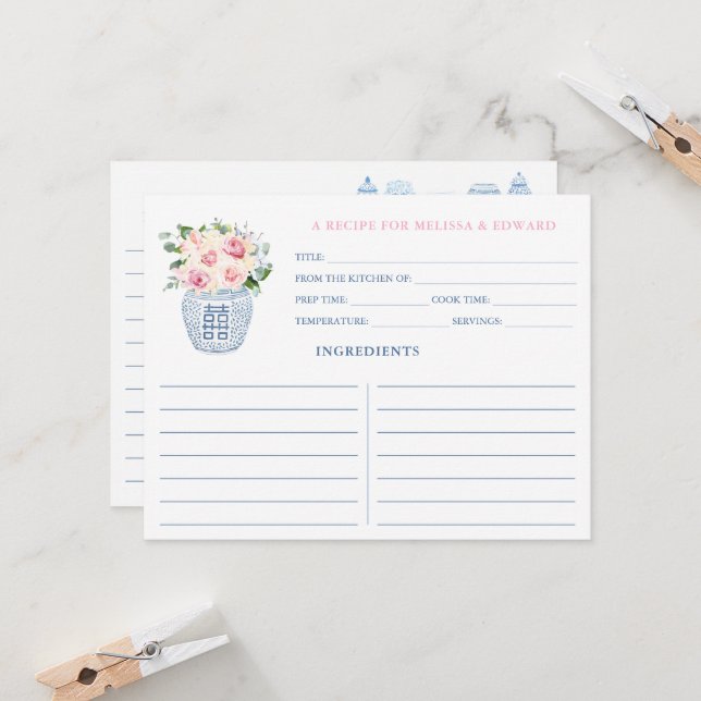 Jolie Carte De Recette Marine Et Pink Bride Et Gro (Devant/Arrière en situation)