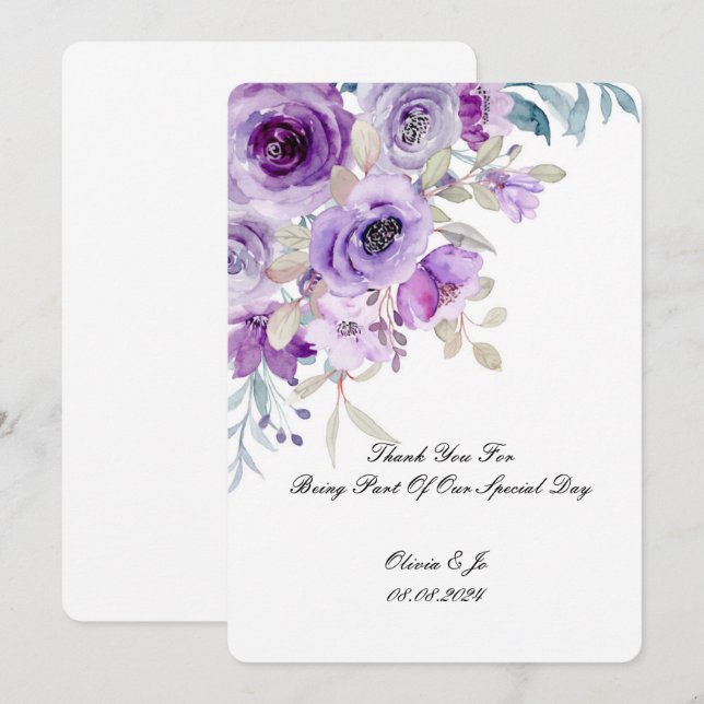 jolie carte de remerciements violet lilas (Devant / Derrière)