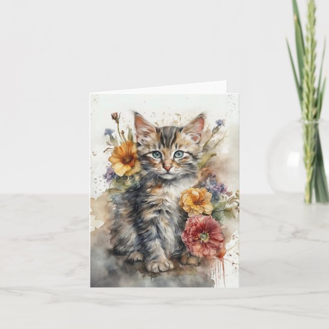 Jolie carte de vœux vierge avec chat tabby gris fl (Devant)