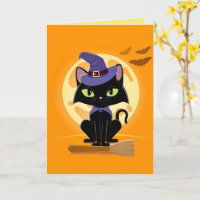 Jolie carte Halloween avec chat noir sur un balai