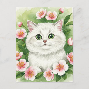 Jolie carte postale aquarelle de chat blanc avec c