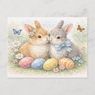 Jolie carte postale aquarelle du couple de lapins 