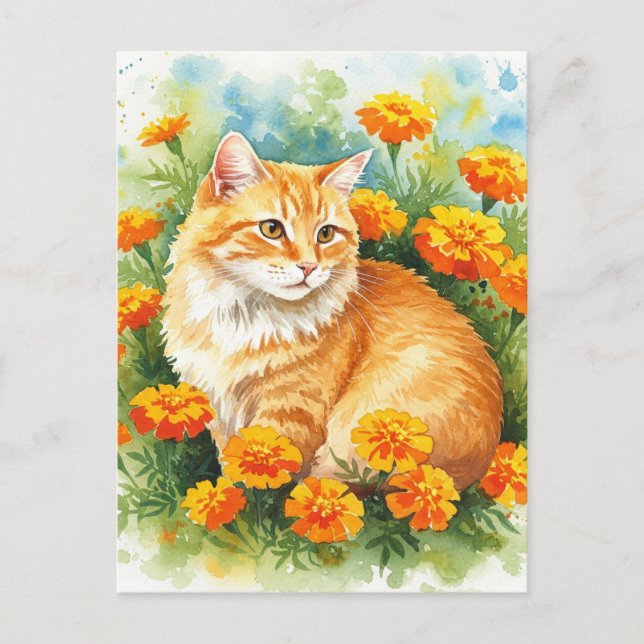 Jolie carte postale de chat roux avec souci (Devant)