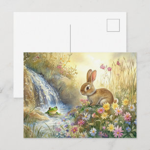 Jolie carte postale de lapin et grenouille au bord