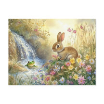 Jolie carte postale de lapin et grenouille au bord