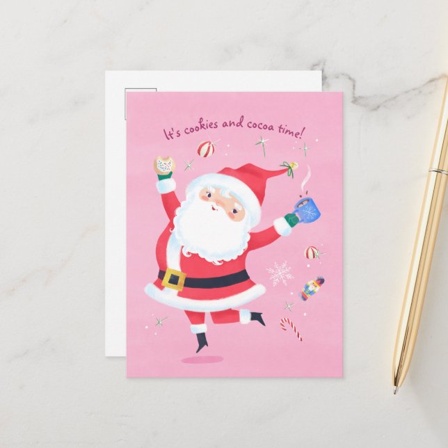 Jolie carte postale rose du Père Noël (Devant/Arrière en situation)