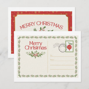 Jolie carte postale vintage rouge et verte de Noël