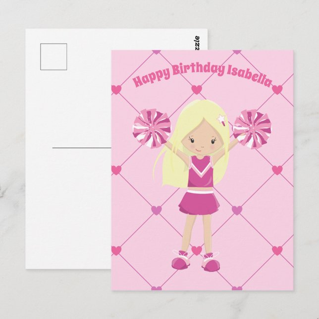 Jolie Cheerleader Blonde Carte d'Anniversaire Rose (Devant / Derrière)