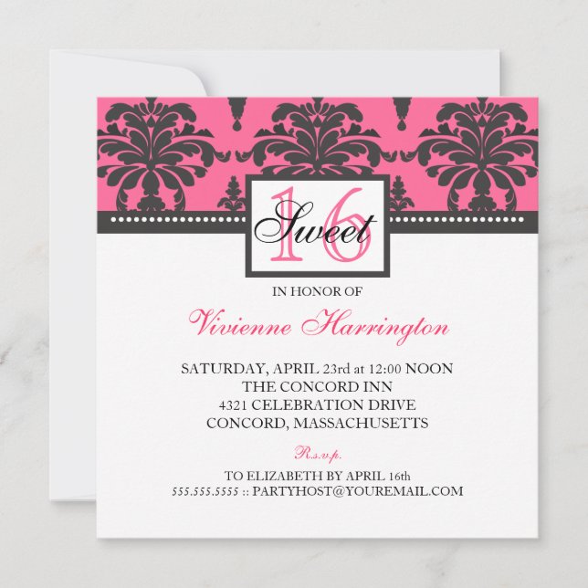 Jolie Damask Black & Hot Pink Sweet 16 Invitation (Devant)