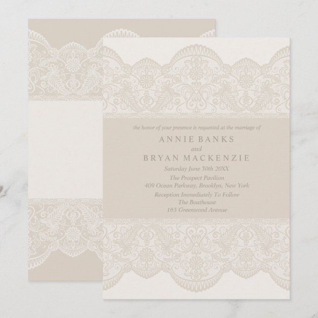 Jolie Dentelle Beige Invitations Mariage (Devant / Derrière)